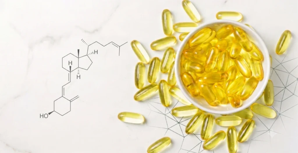Frasco de vitamina D3 (colecalciferol) e resultado laboratorial de 25-OH vitamina D — Avantgarde College